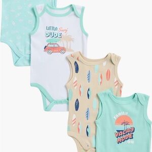 Surf-Themed Kids Bodysuit Set - Mint, Beige, and White